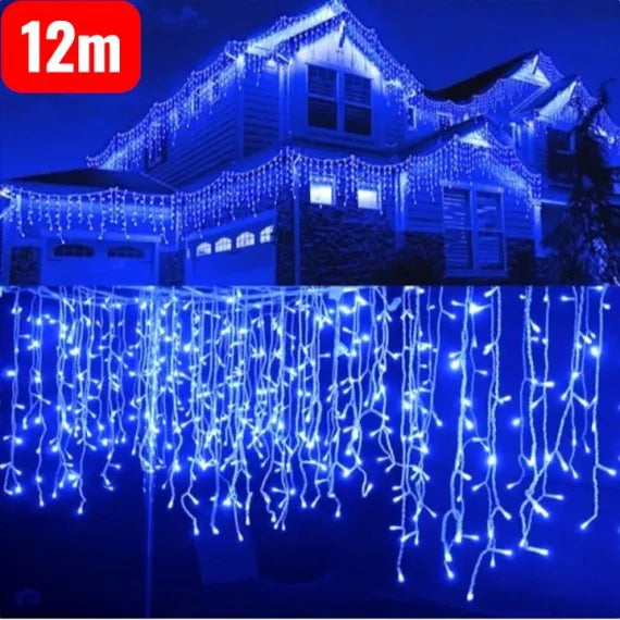 Instalație Crăciun Turturi, 12 m, 300 LED-uri, 8 jocuri de lumini, albastru - MagiaBradului