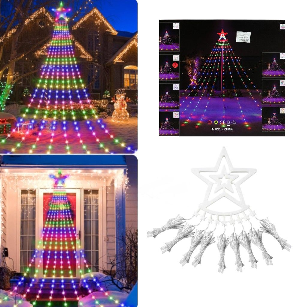 Instalație Luminoasă de Crăciun cu 9 Șiruri LED Multicolore, Model Brad Piramidal cu Fulg în Vârf