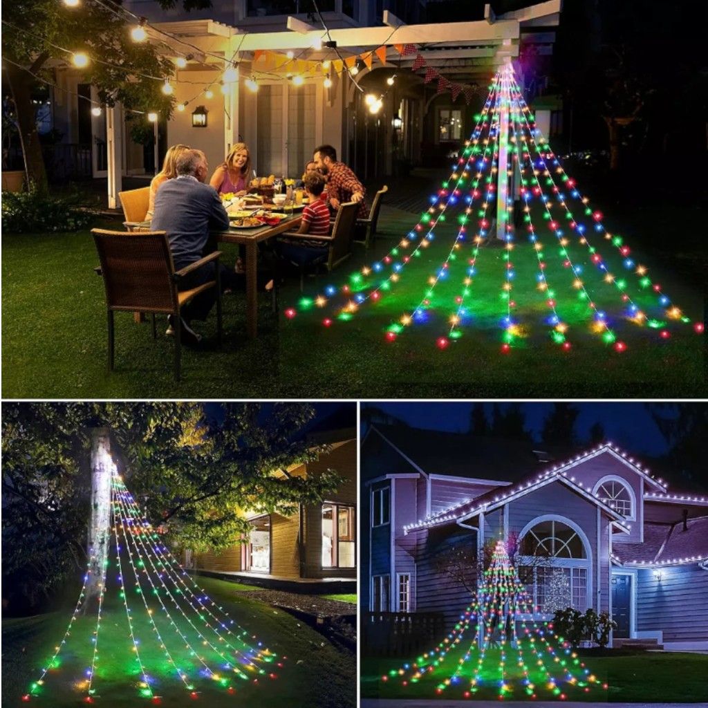 Instalație Luminoasă de Crăciun cu 9 Șiruri LED Multicolore, Model Brad Piramidal cu Fulg în Vârf