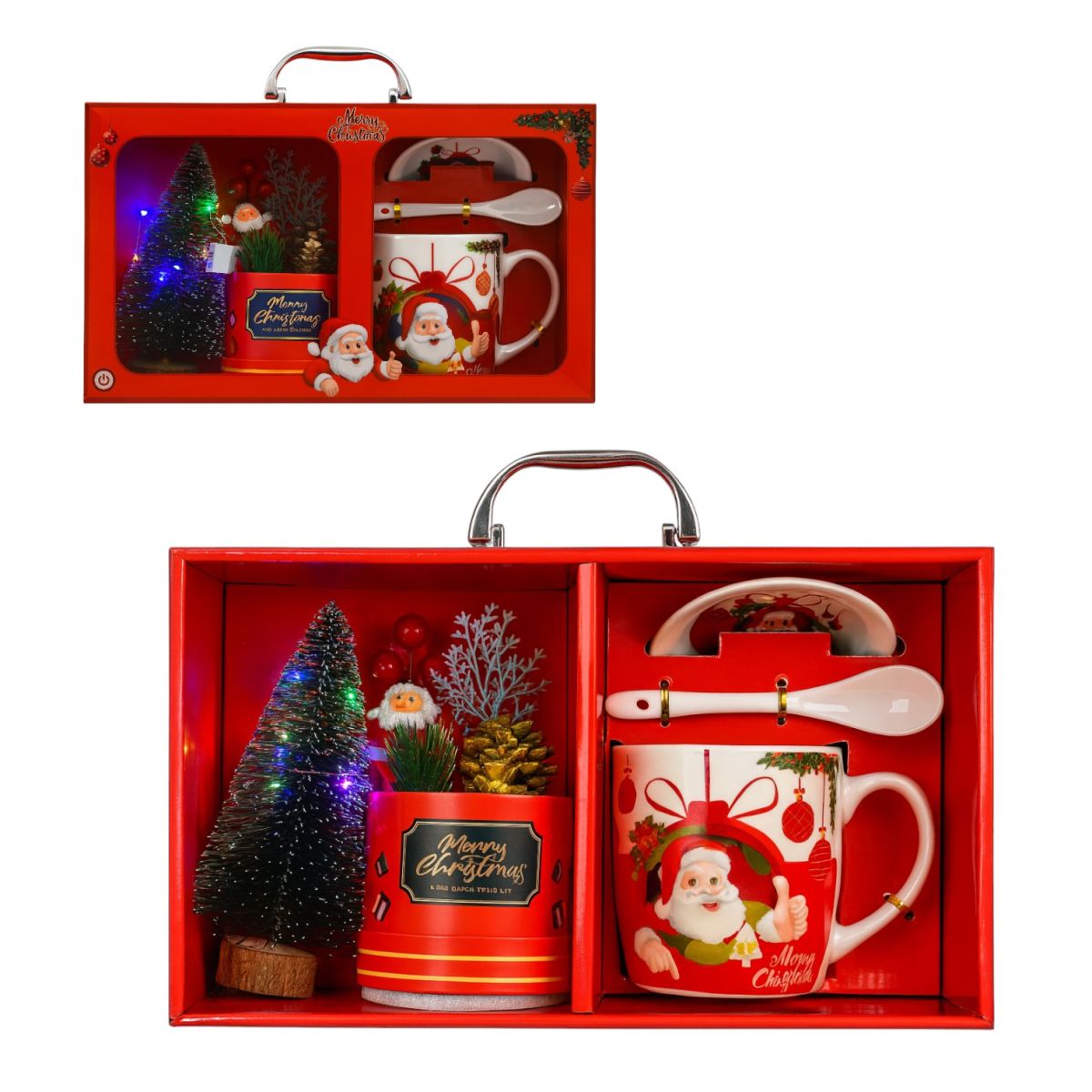 Cană cu Capac 9cm, cu Linguriță din Ceramică cu Decoratiuni de Craciun