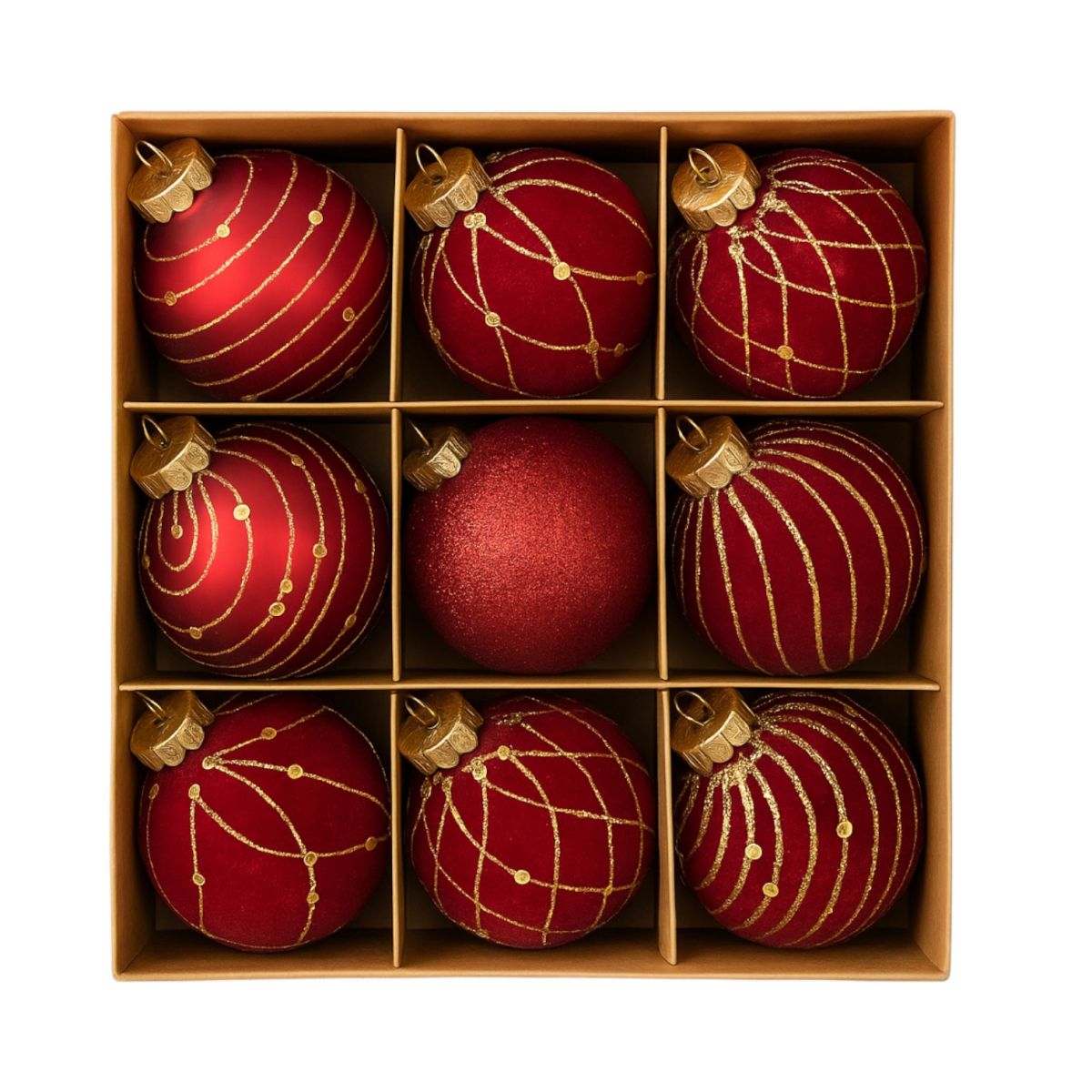 Globuri de Crăciun 9/set, Catifea Roșie 7cm cu Model Auriu și Sclipici